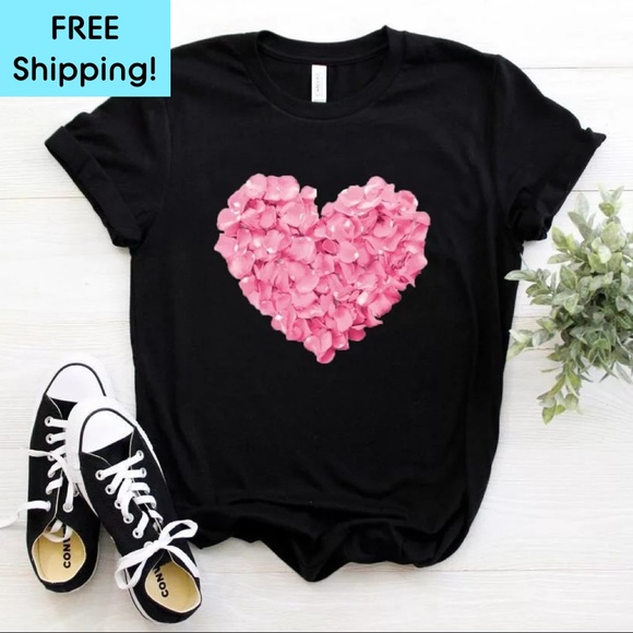 Tops - Women's Floral Heart T-Shirt - Black